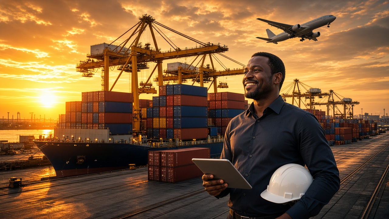 Port de commerce international, conteneurs et fret aérien