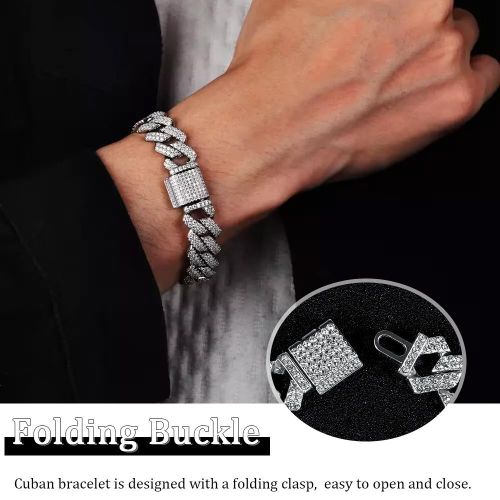 ARHANORY Bracelet Chaîne Cubaine Glacée Hip Hop Chaîne Cubaine-Argent - Image 1