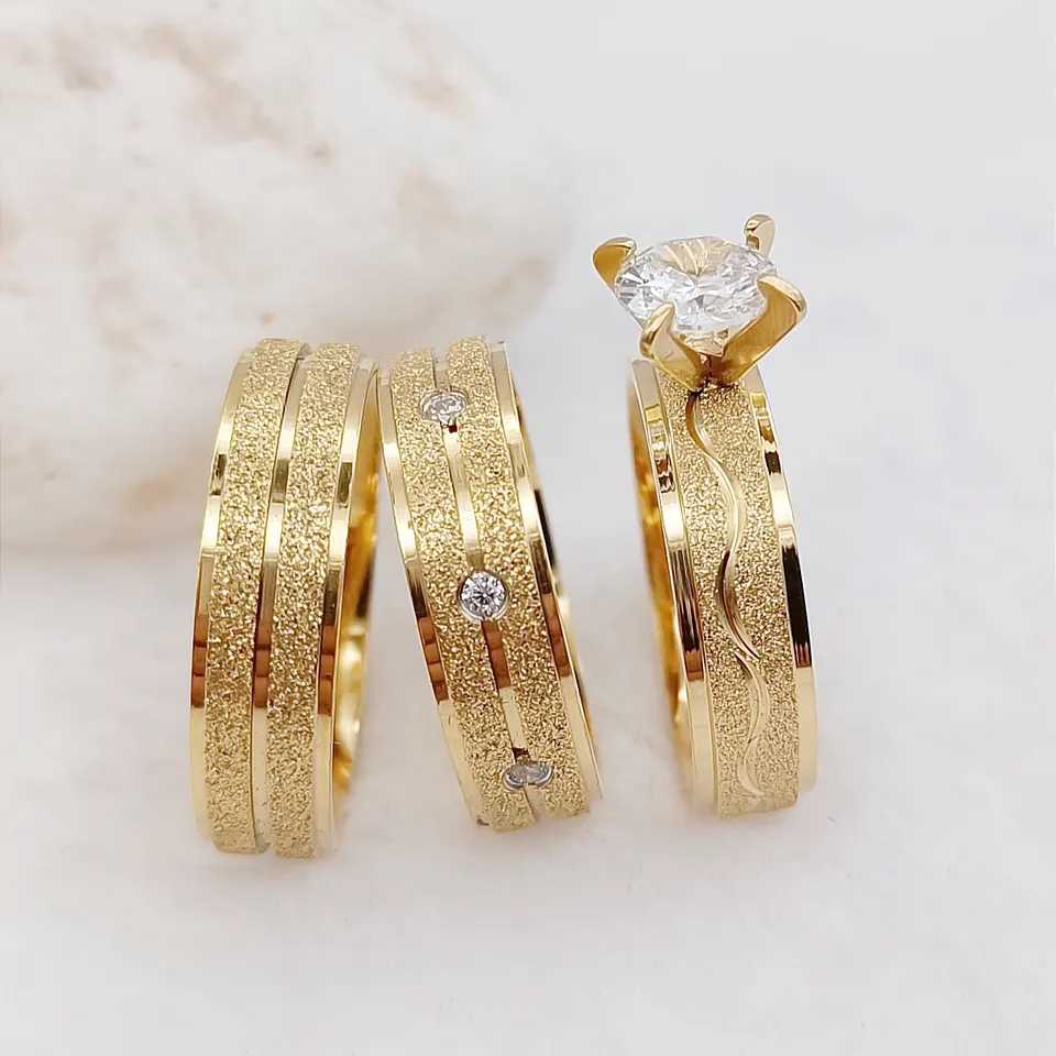 Ensemble 3 pcs alliances de mariage pour couples en or plaqué 18 K /model P1415 - Image 2