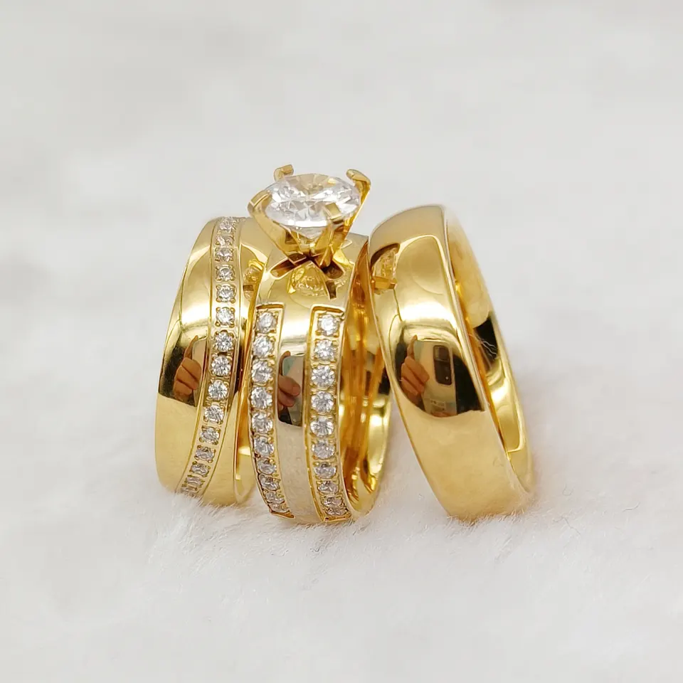 Ensemble 3 pcs alliances de mariage pour couples en or plaqué 18 K /model P1415 - Image 3