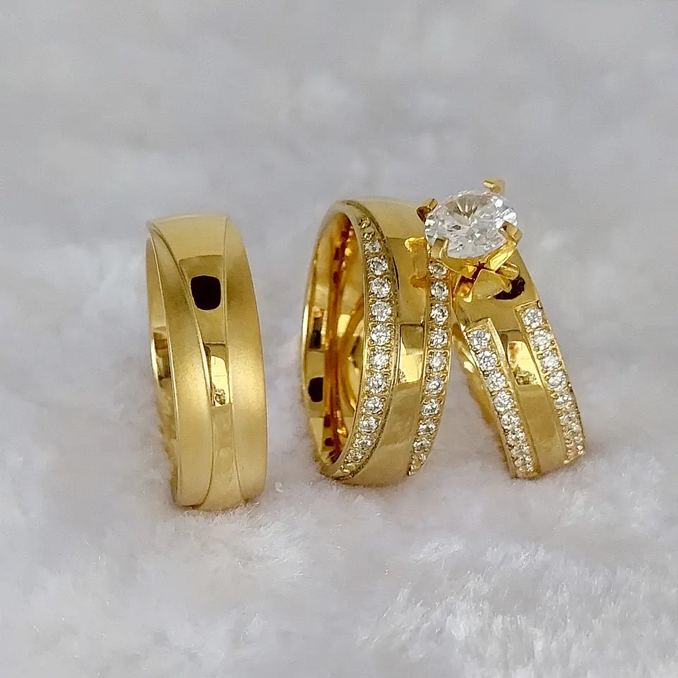 Ensemble 3 pcs alliances de mariage pour couples en or plaqué 18 K /model P1415 - Image 5