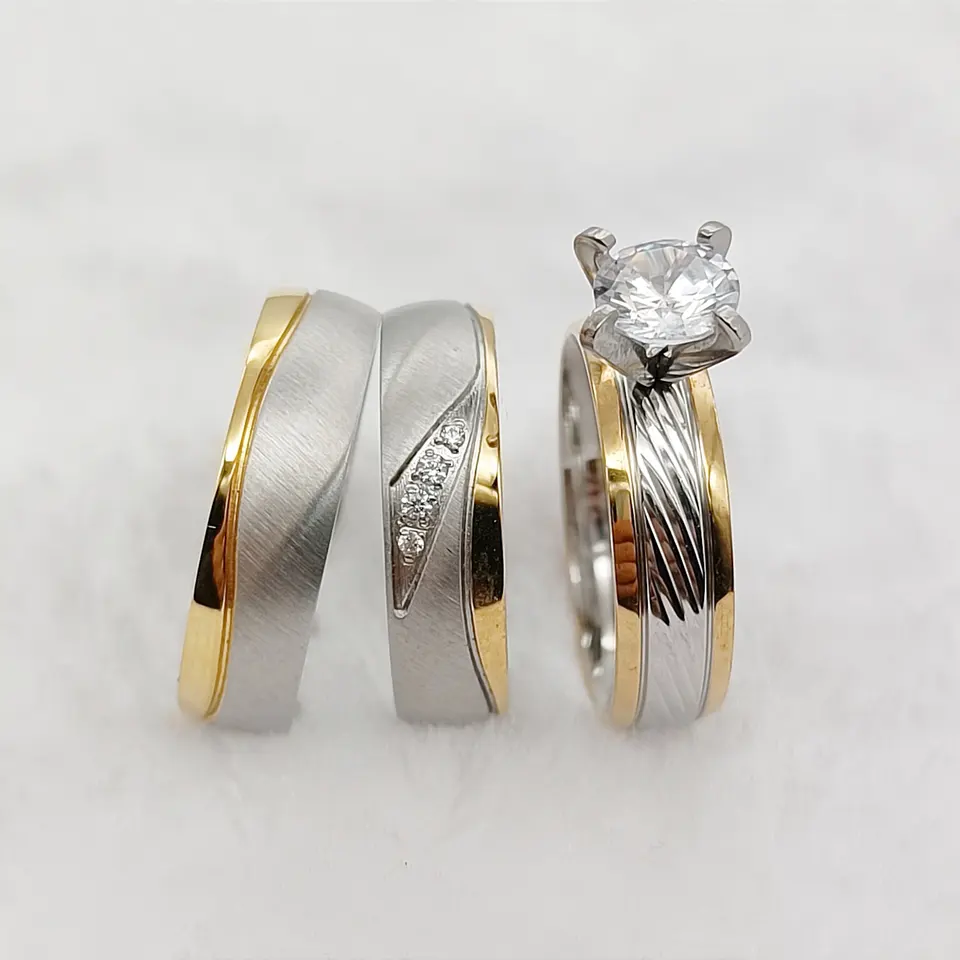 Ensemble 3 pcs alliances de mariage pour couples en or plaqué 18 K /model P1415 - Image 6