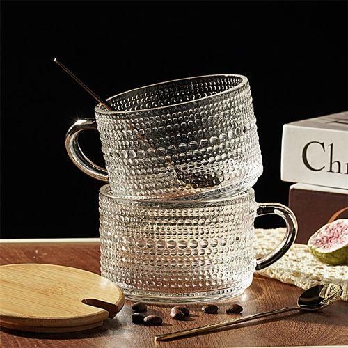 4pcs Tasse à Café En Verre Gaufré Transparent Avec Couvercle Et Cuillère