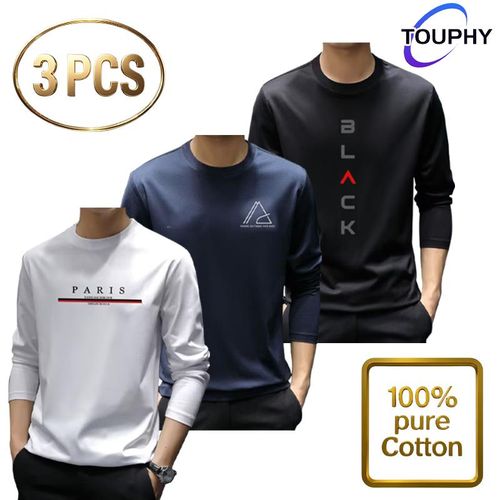 TOUPHY Lot de 3 T-shirts à manches longues pour hommes en coton - Multicolore